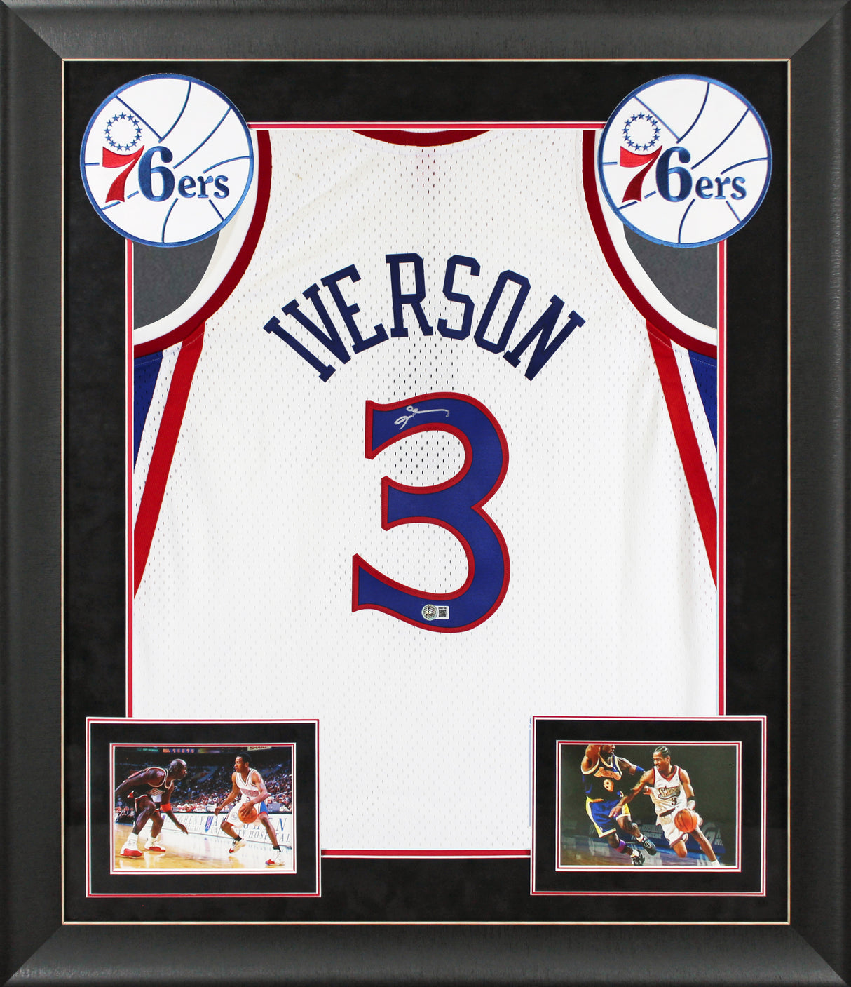 76ers Allen Iverson Signed White 1996-97 M&N HWC Swingman Framed Jersey BAS Wit