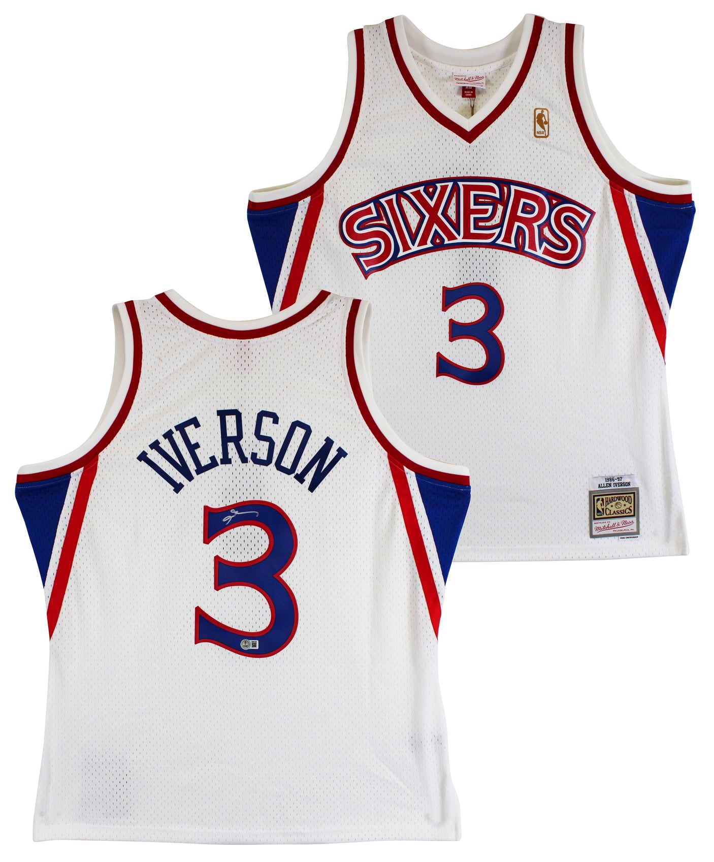 76ers Allen Iverson Signed White 1996-97 M&N HWC Swingman Jersey BAS Witnessed