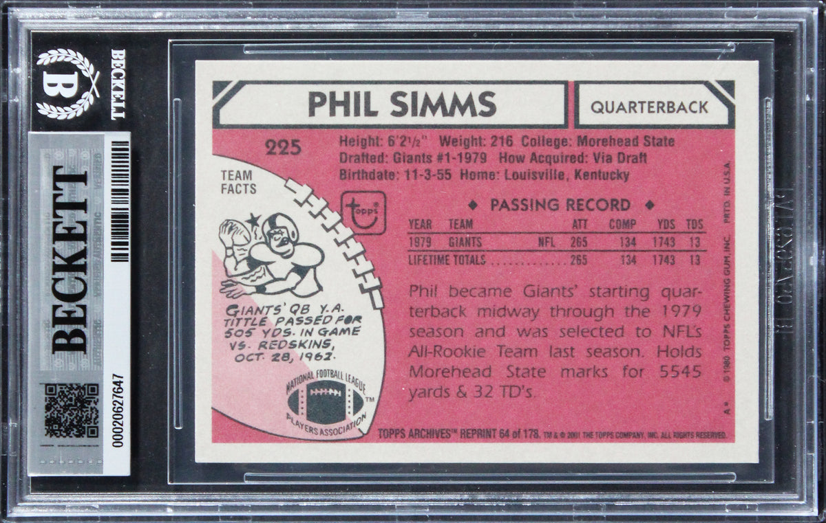 Giants Phil Simms Signed 2001 Topps Archives #64 Card Auto Grade 10! BAS Slabbed
