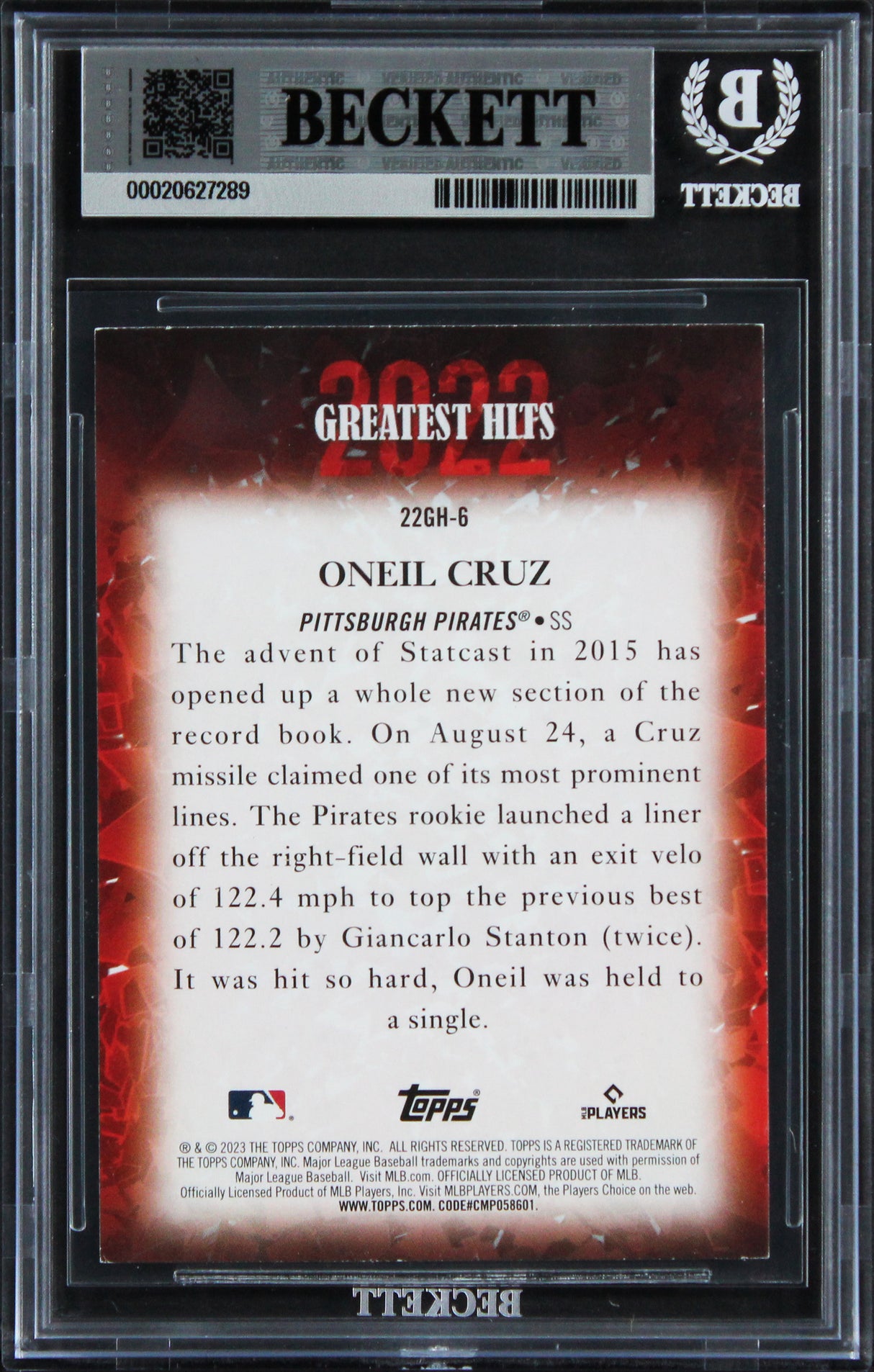 Pirates Oneil Cruz Signed 2023 Topps #22GH6 Card Auto Grade GM 10! BAS Slabbed