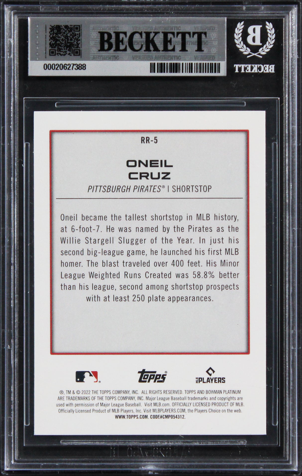 Pirates Oneil Cruz Signed 2022 Bowman #RR5 Rookie Card Auto GM 10! BAS Slabbed