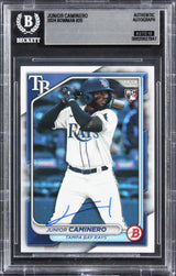 Rays Junior Caminero Signed 2024 Bowman #20 Rookie Card Auto GM 10! BAS Slabbed