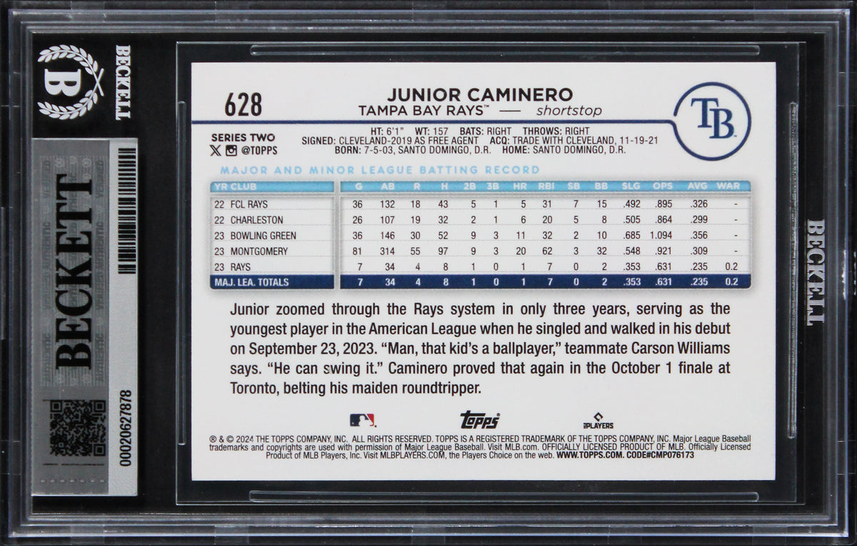 Rays Junior Caminero Signed 2024 Topps #628 Rookie Card Auto GM 10! BAS Slabbed