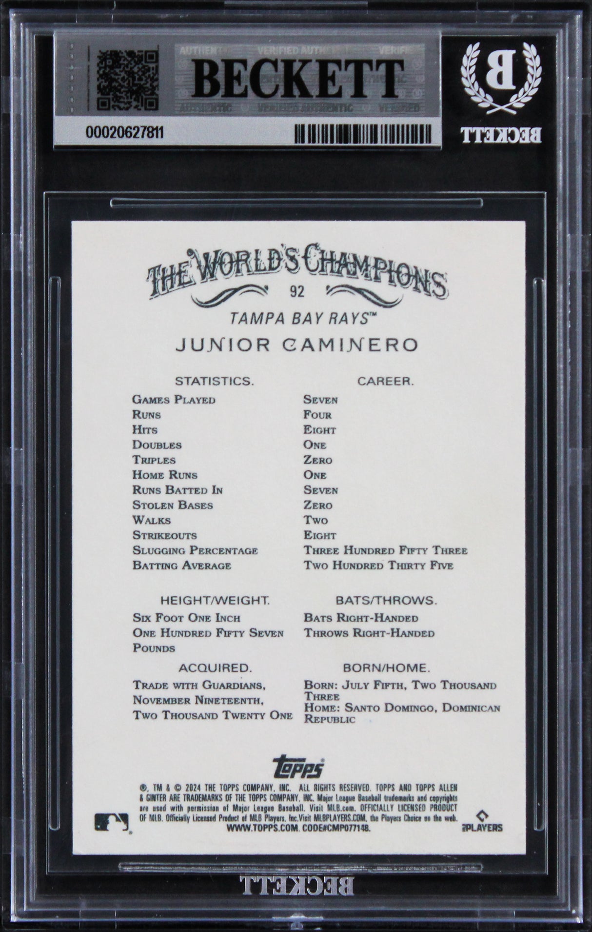 Rays Junior Caminero Signed 2024 Topps A&G #92 Rookie Card Auto 10! BAS Slabbed