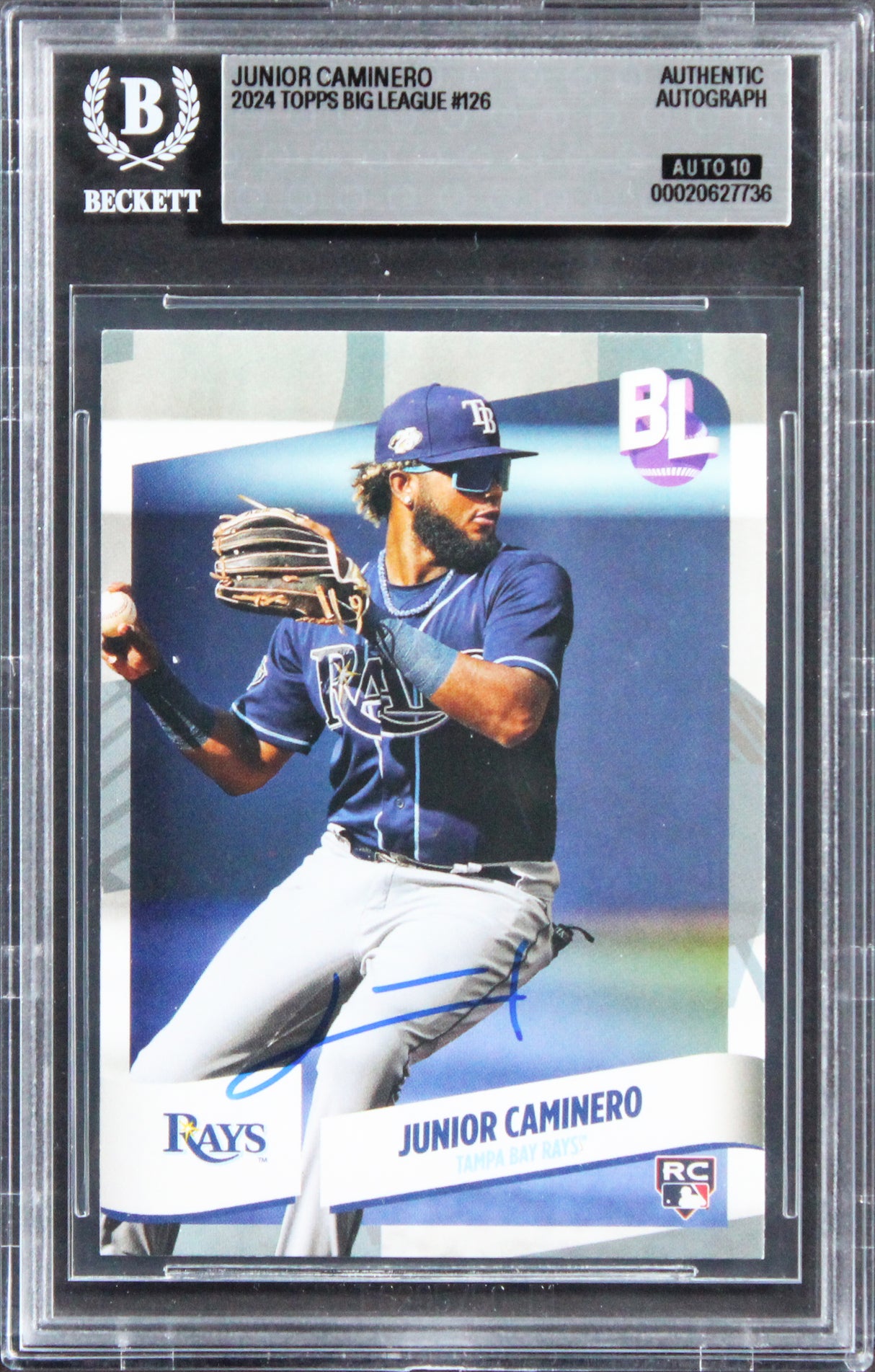 Rays Junior Caminero Signed 2024 Topps Big League #126 RC Card Auto 10! BAS Slab