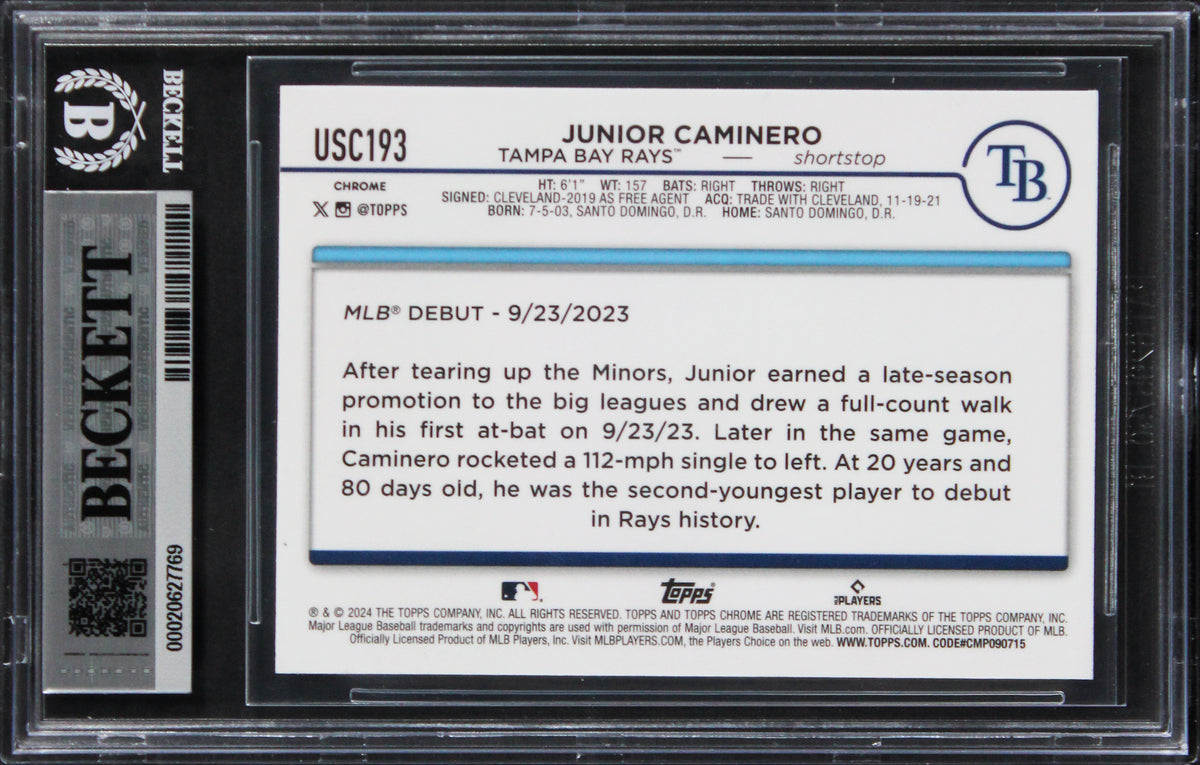 Rays Junior Caminero Signed 2024 Topps #USC193 Rookie Card Auto 10! BAS Slabbed