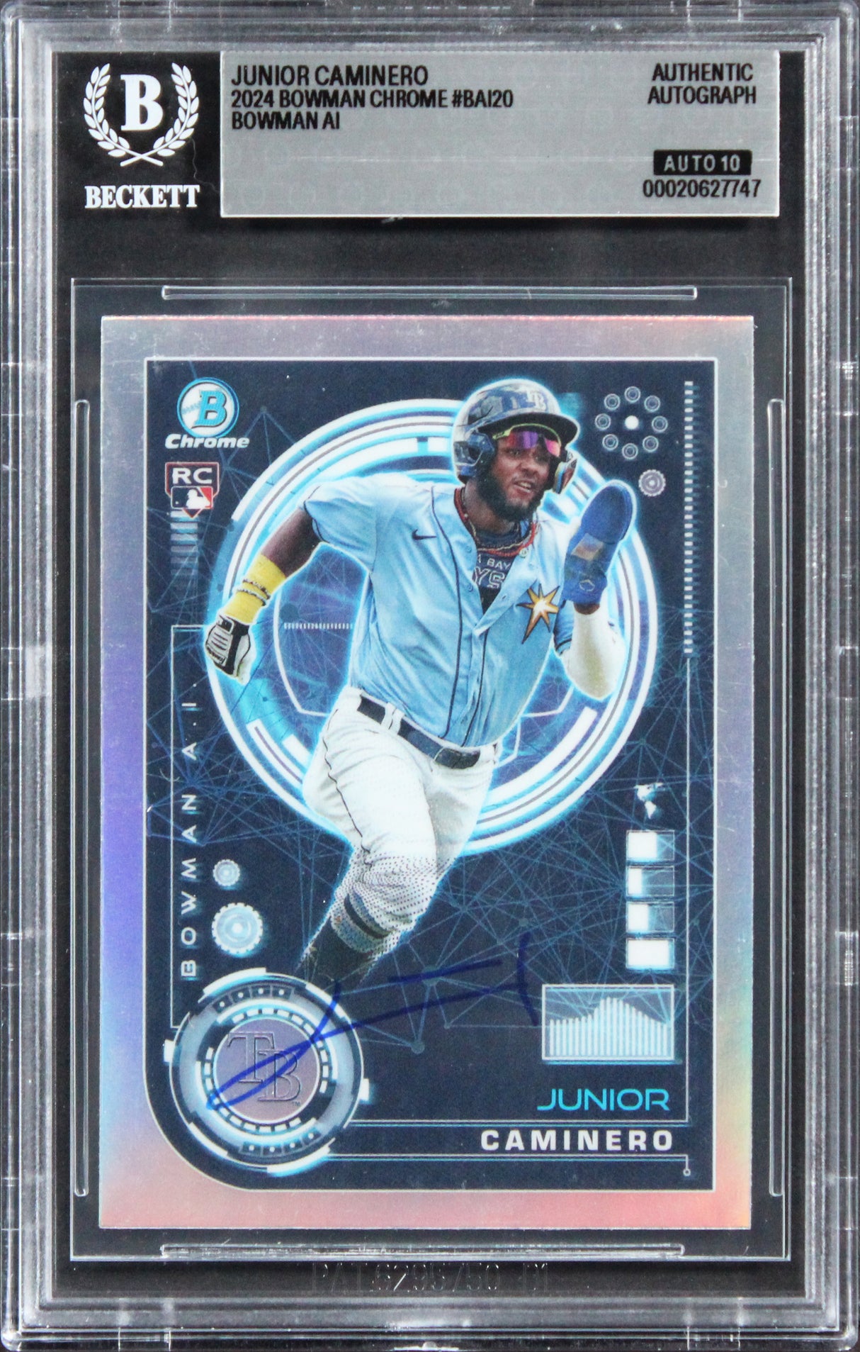 Rays Junior Caminero Signed 2024 Bowman Chrome #BAI20 RC Card Auto 10! BAS Slab