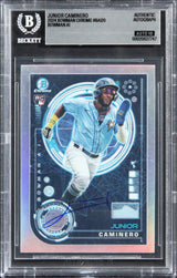 Rays Junior Caminero Signed 2024 Bowman Chrome #BAI20 RC Card Auto 10! BAS Slab