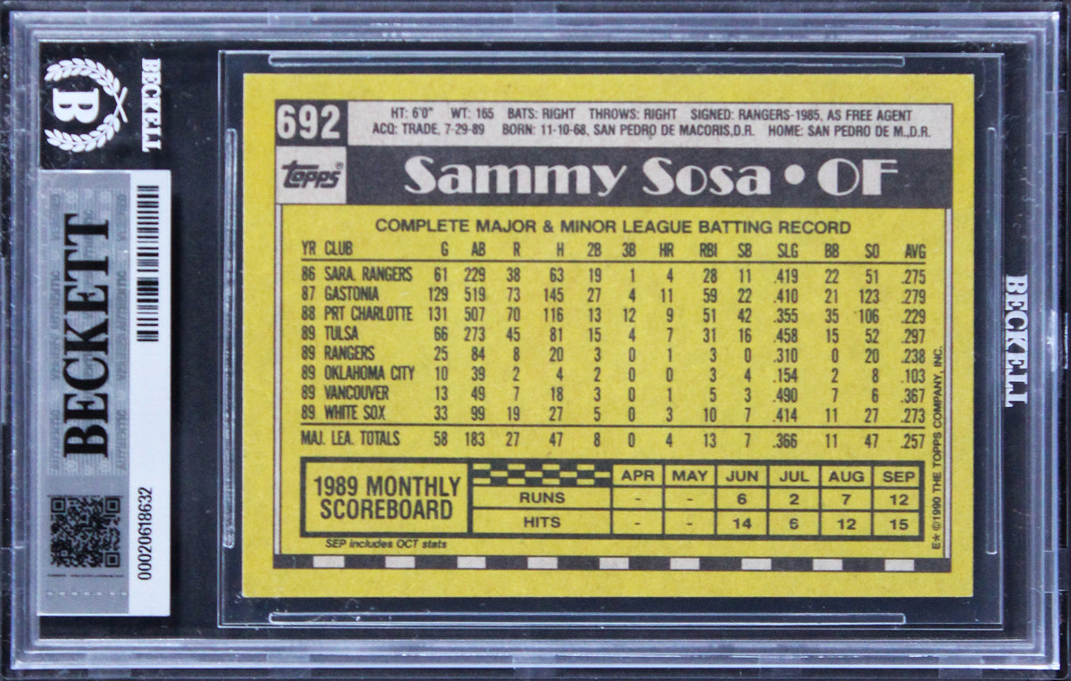 Cubs Sammy Sosa Signed 1990 Topps #692 Card Auto Grade Gem Mint 10! BAS Slabbed