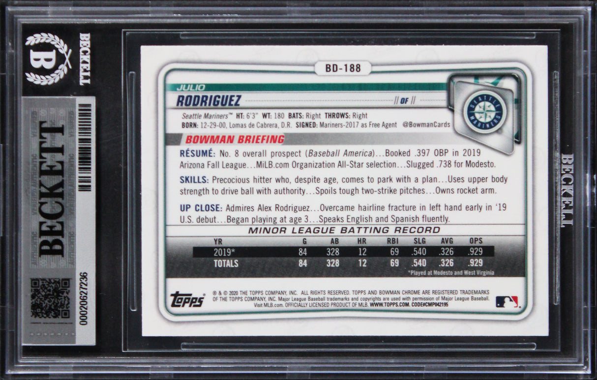 Mariners Julio Rodriguez Signed 2020 Bowman Chrome #BD188 Card Auto 10! BAS Slab