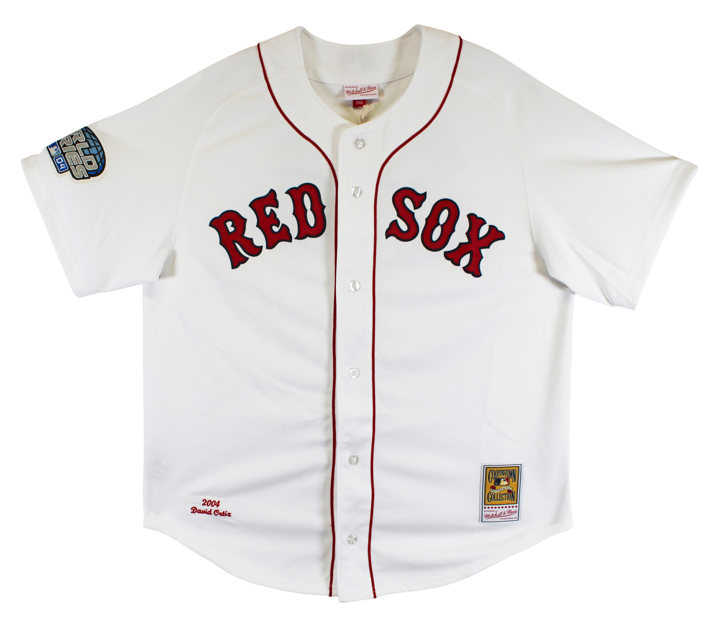 Red Sox David Ortiz Signed White 2004 WS Logo Mitchell & Ness CC Jersey BAS Wit