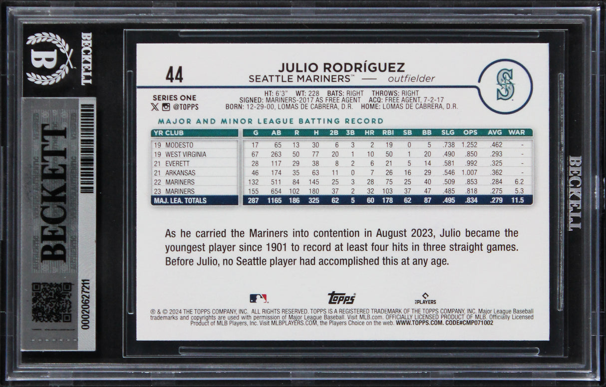 Mariners Julio Rodriguez Signed 2024 Topps #44 Card Auto Grade 10! BAS Slabbed