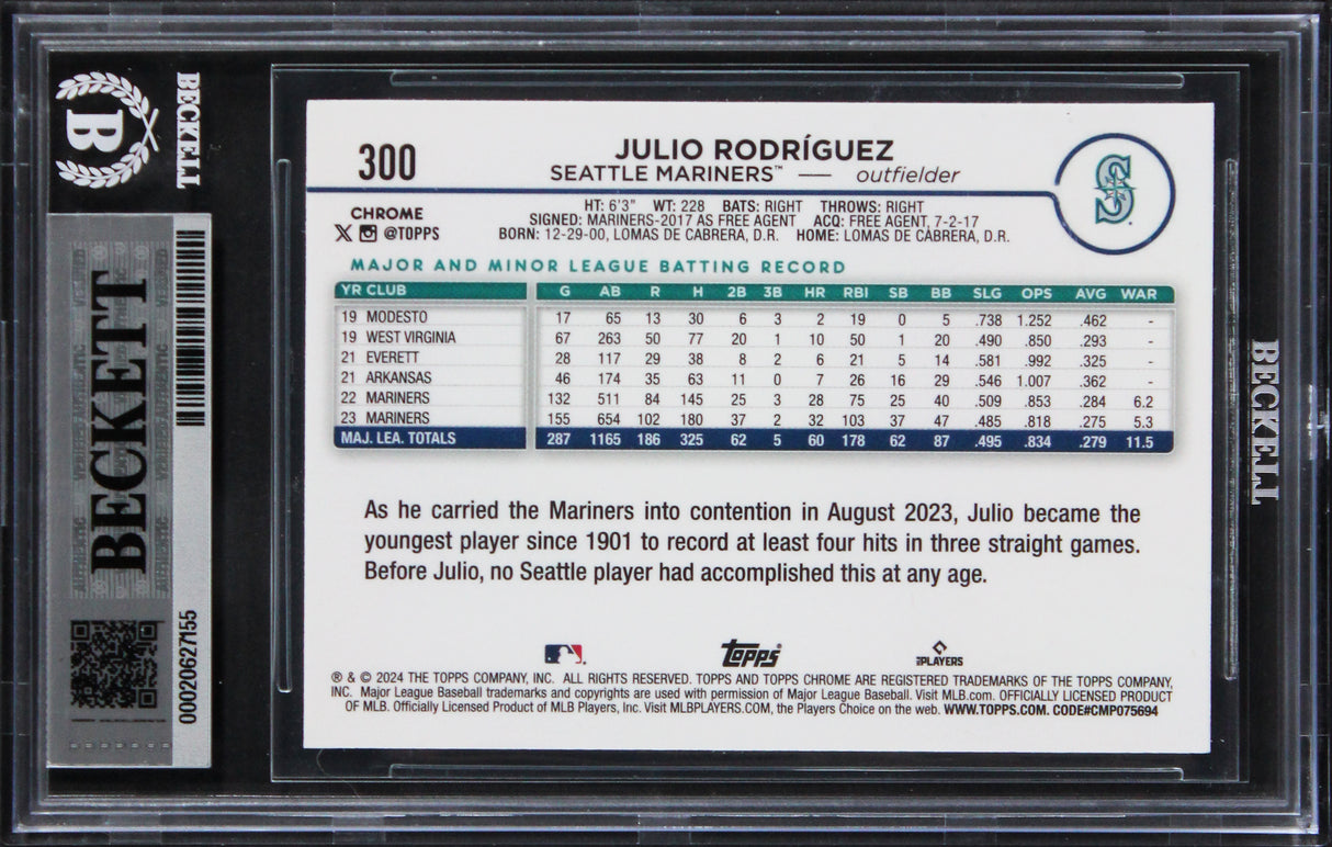 Mariners Julio Rodriguez Signed 2024 Topps Chrome #300 Card Auto 10! BAS Slabbed