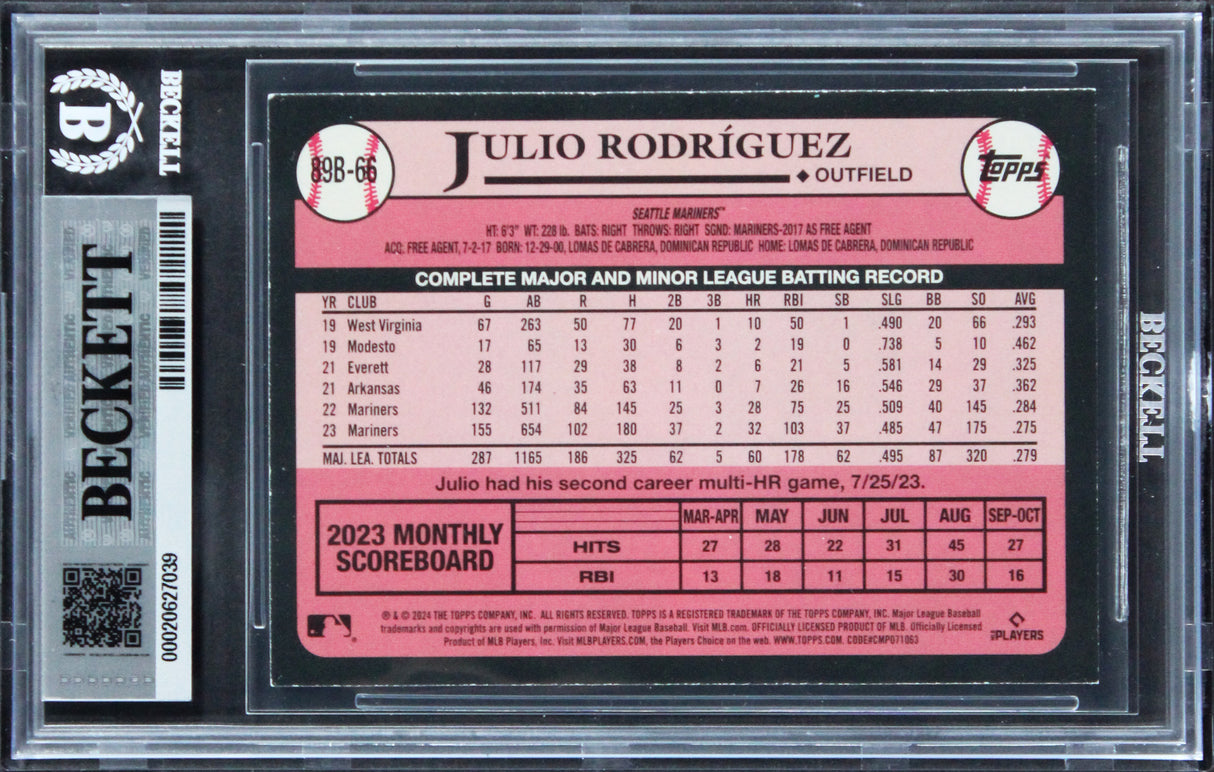 Mariners Julio Rodriguez Signed 2024 Topps '89 #89B66 Card Auto 10! BAS Slabbed