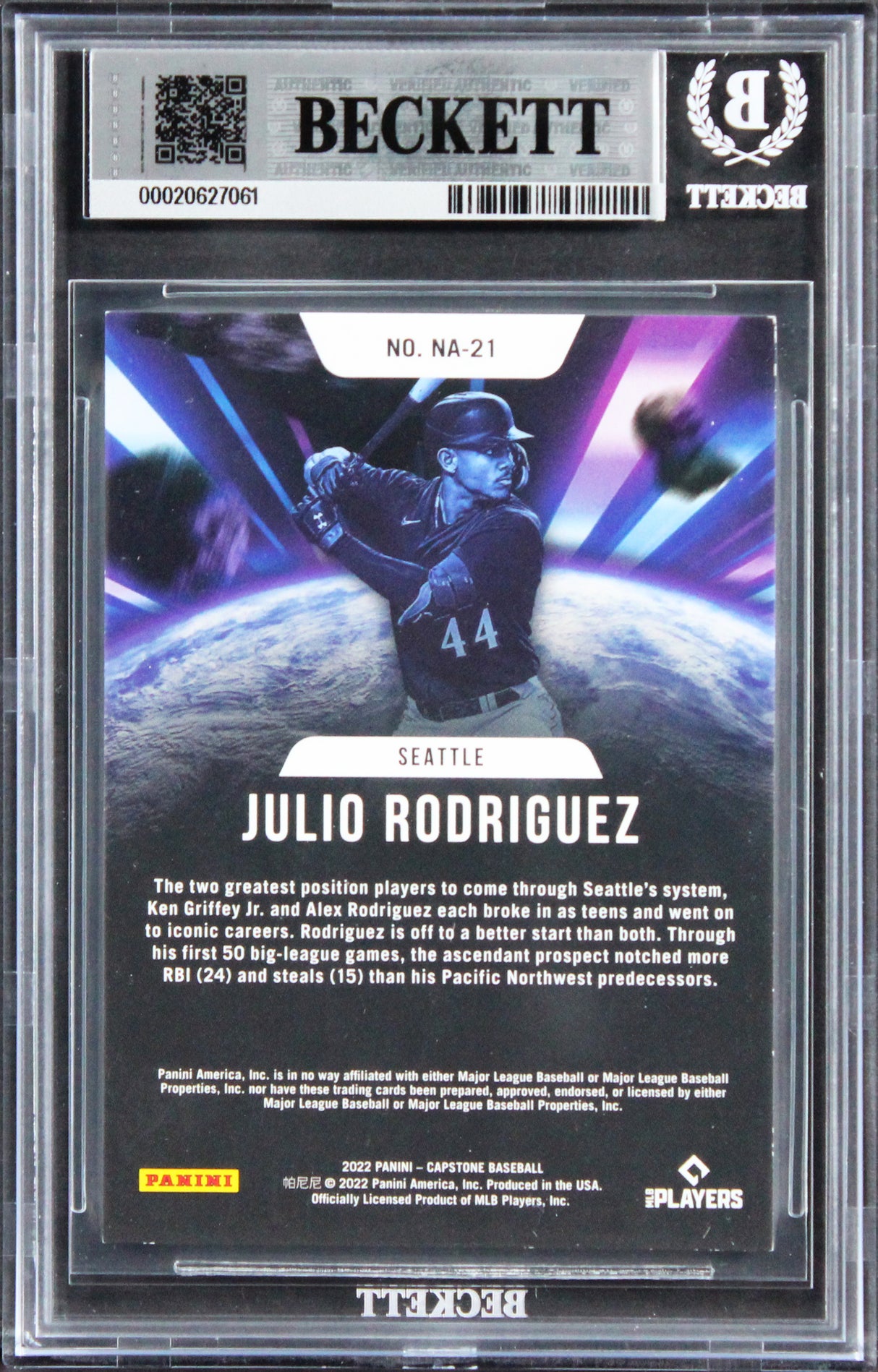 Mariners Julio Rodriguez Signed 2022 Panini #21 Rookie Card Auto 10! BAS Slabbed