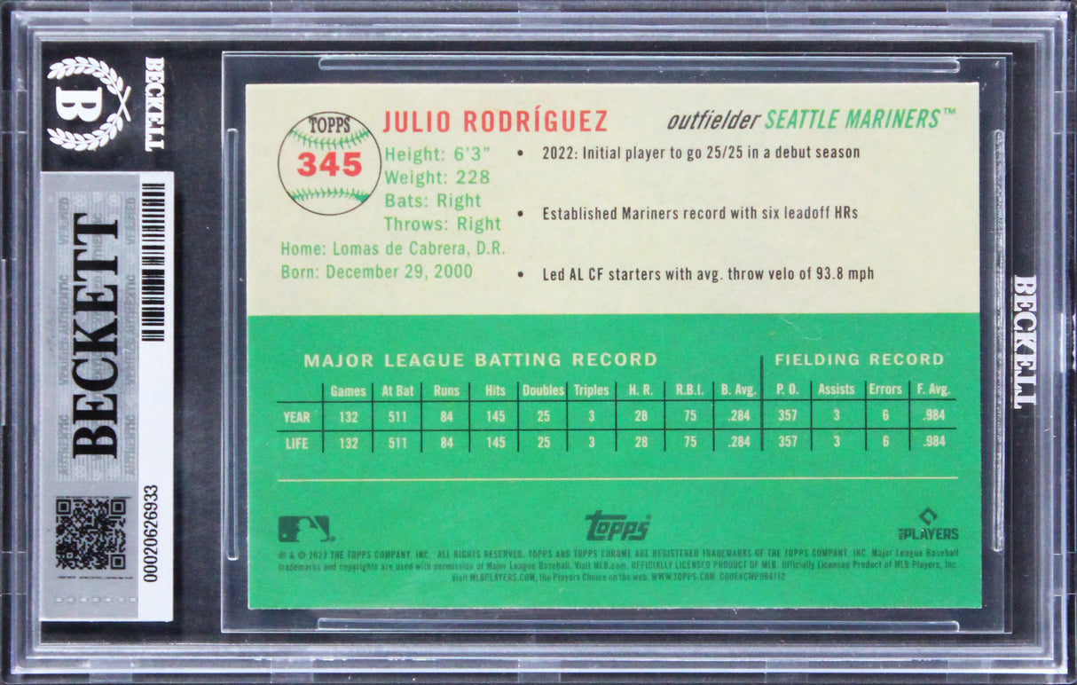 Mariners Julio Rodriguez Signed 2023 Topps Chrome #345 Card Auto 10! BAS Slabbed