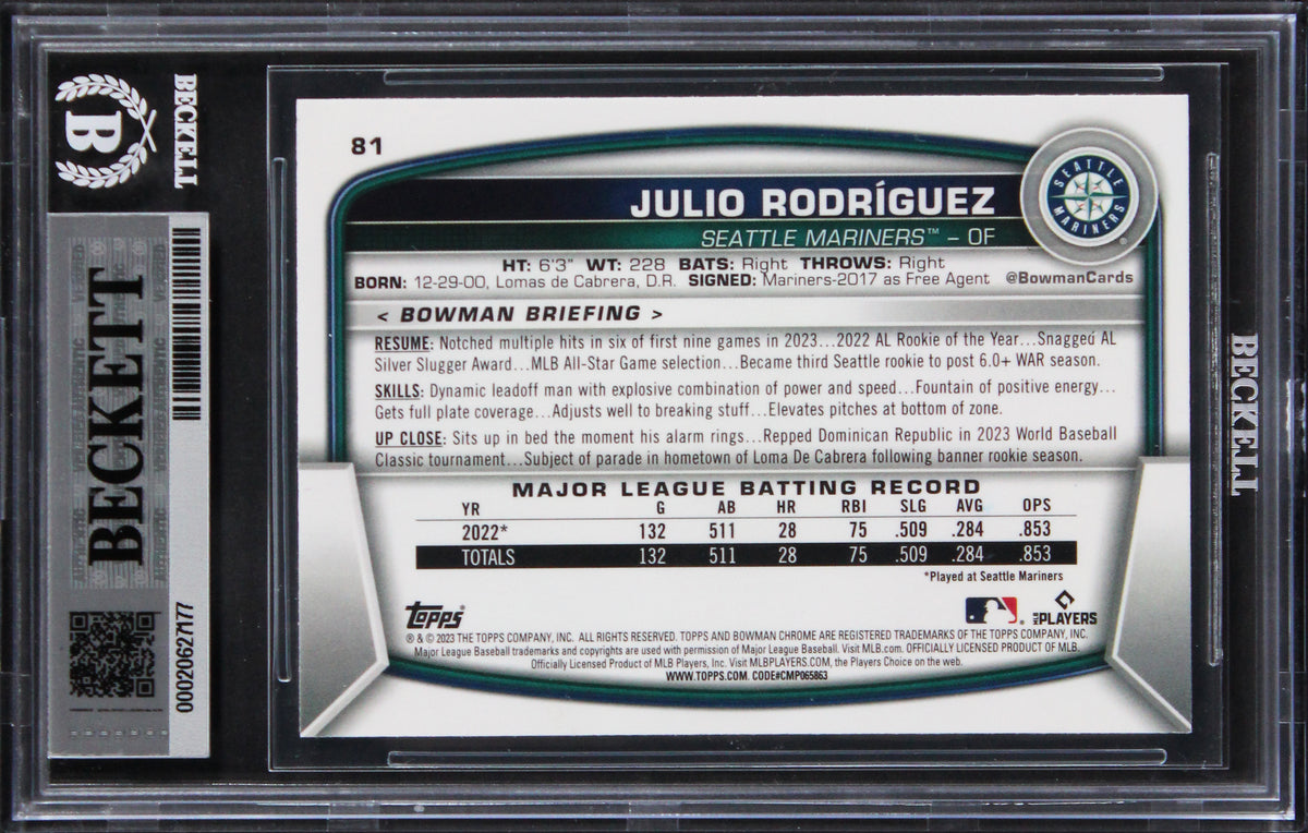Mariners Julio Rodriguez Signed 2023 Bowman Chrome #81 Card Auto 10! BAS Slabbed