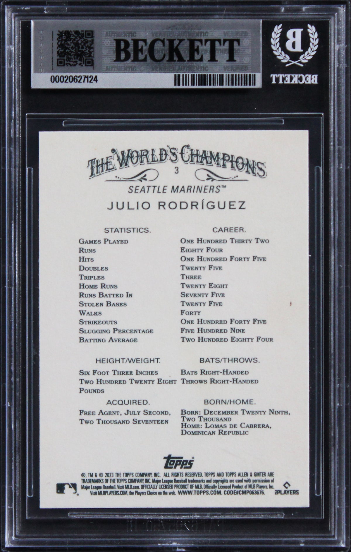 Mariners Julio Rodriguez Signed 2023 Topps A&G #3 Card Auto GM 10! BAS Slabbed