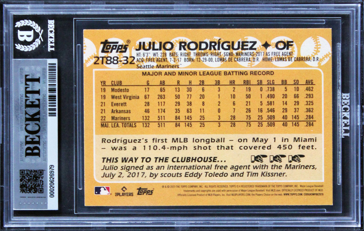 Mariners Julio Rodriguez Signed 2023 Topps '88 #2T8832 Card Auto 10! BAS Slabbed