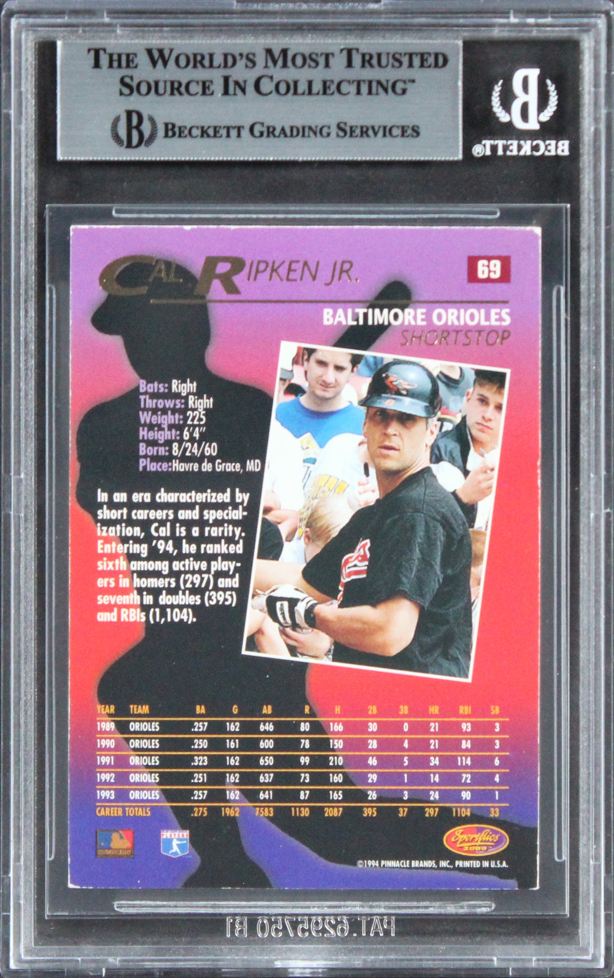 Orioles Cal Ripken Jr. Authentic Signed 1994 Sportflics #69 Card BAS Slabbed
