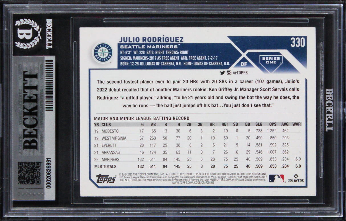 Mariners Julio Rodriguez Signed 2023 Topps Rainbow #330 Card Auto 10! BAS Slab