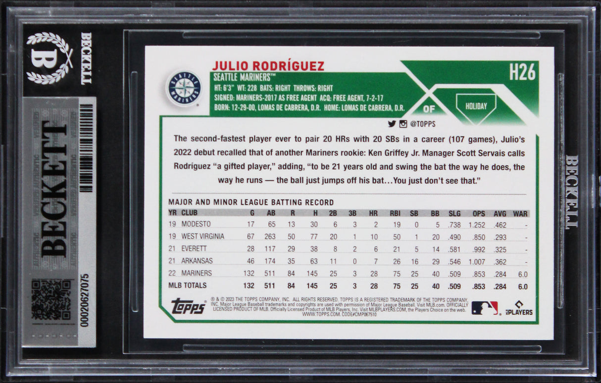 Mariners Julio Rodriguez Signed 2023 Topps Holiday #H26 Card Auto 10! BAS Slab