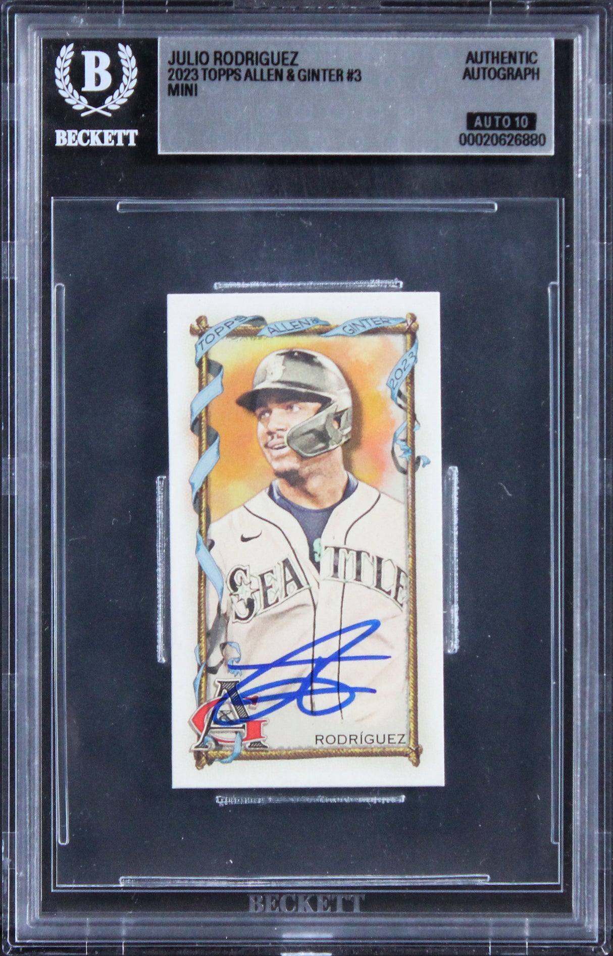 Mariners Julio Rodriguez Signed 2023 Topps A&G Mini #3 Card Auto 10! BAS Slabbed