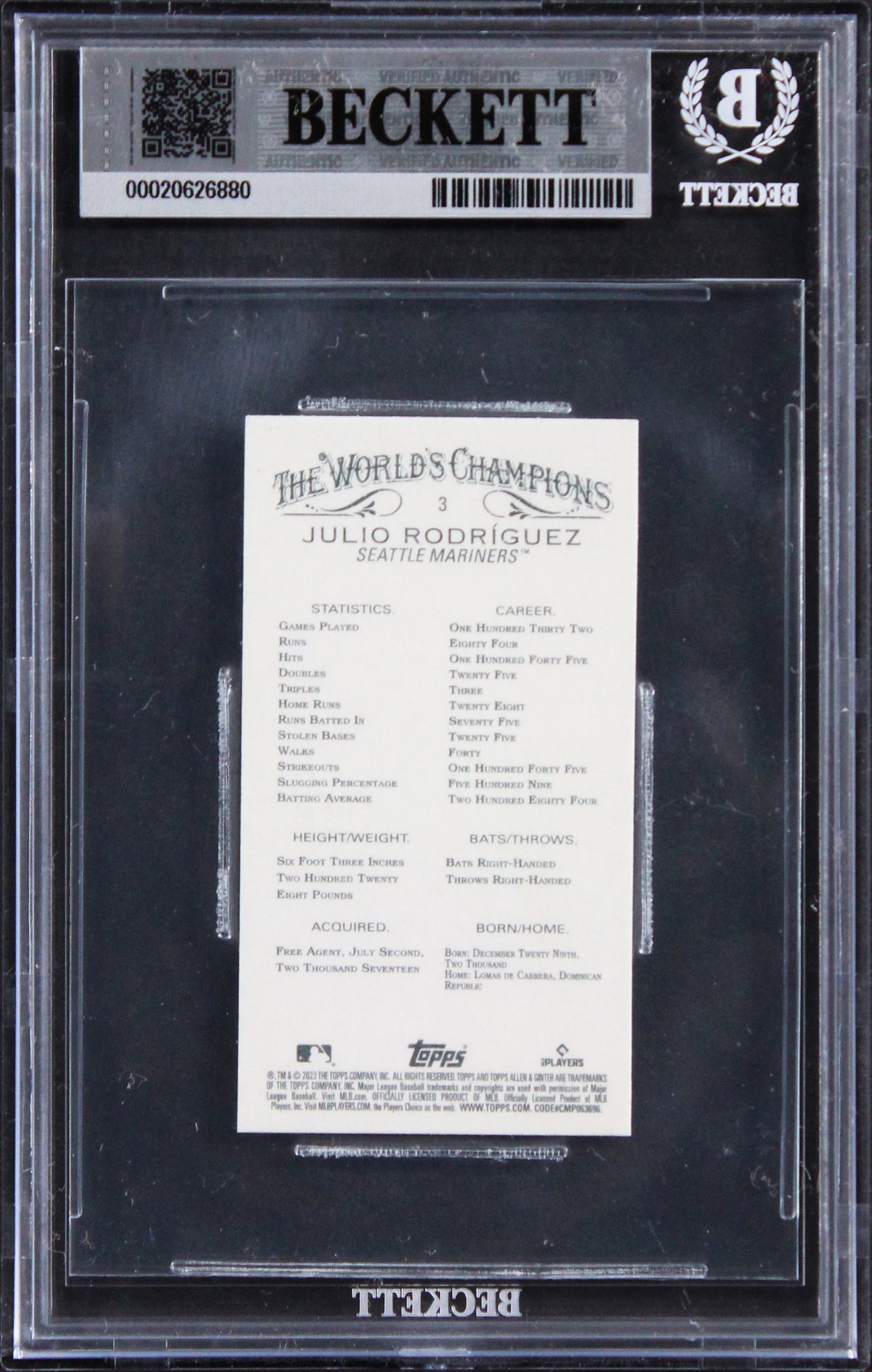 Mariners Julio Rodriguez Signed 2023 Topps A&G Mini #3 Card Auto 10! BAS Slabbed
