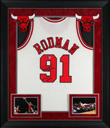 Bulls Dennis Rodman "HOF 2011" Signed Cream M&N HWC Swingman Framed Jersey BAS W
