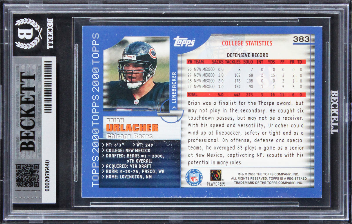 Bears Brian Urlacher "HOF 18" Signed 2000 Topps #383 RC Card Auto 10! BAS Slab
