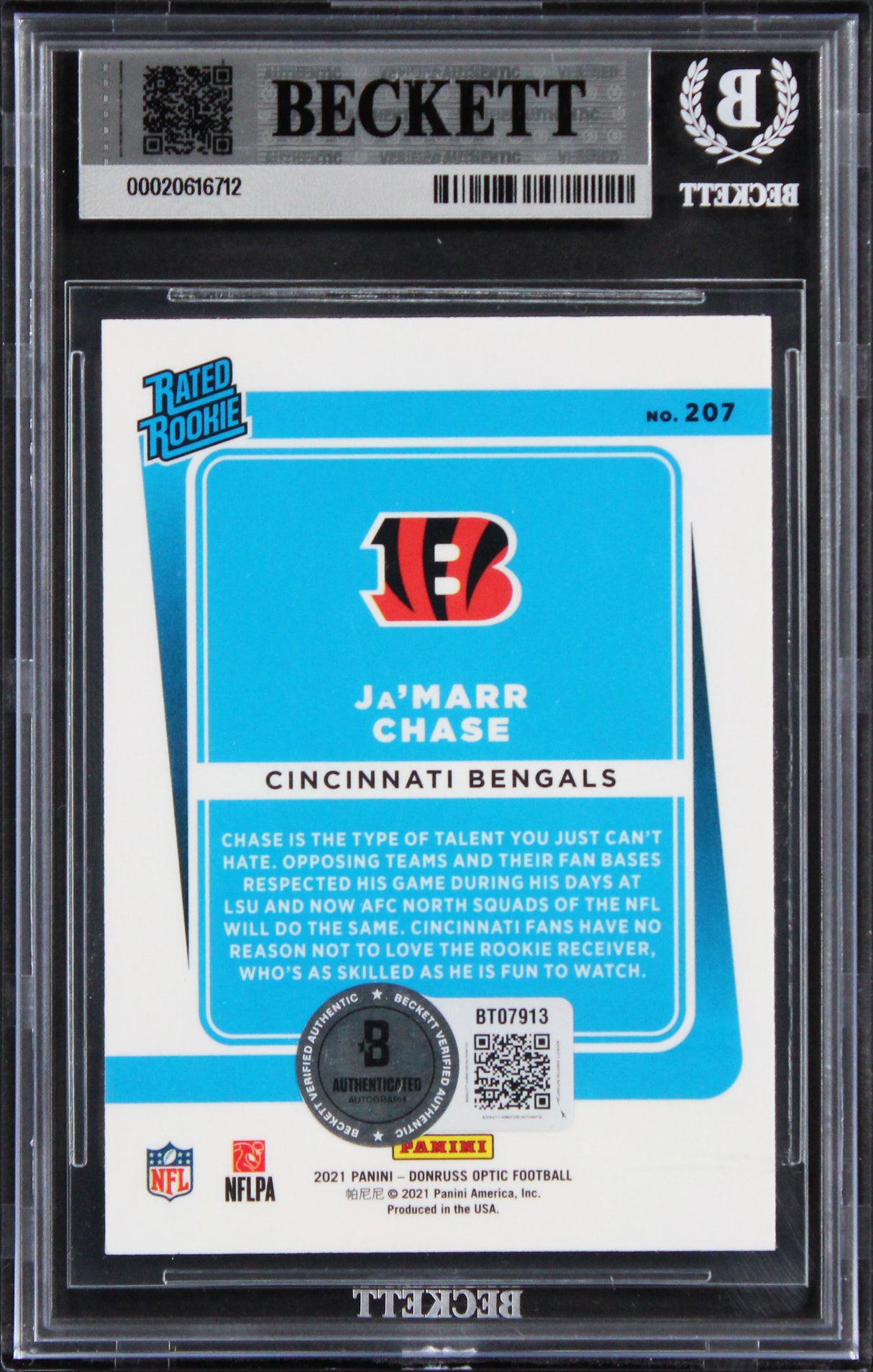 Bengals Ja'Marr Chase Signed 2021 Donruss Optic #207 RC Card Auto 10! BAS Slab