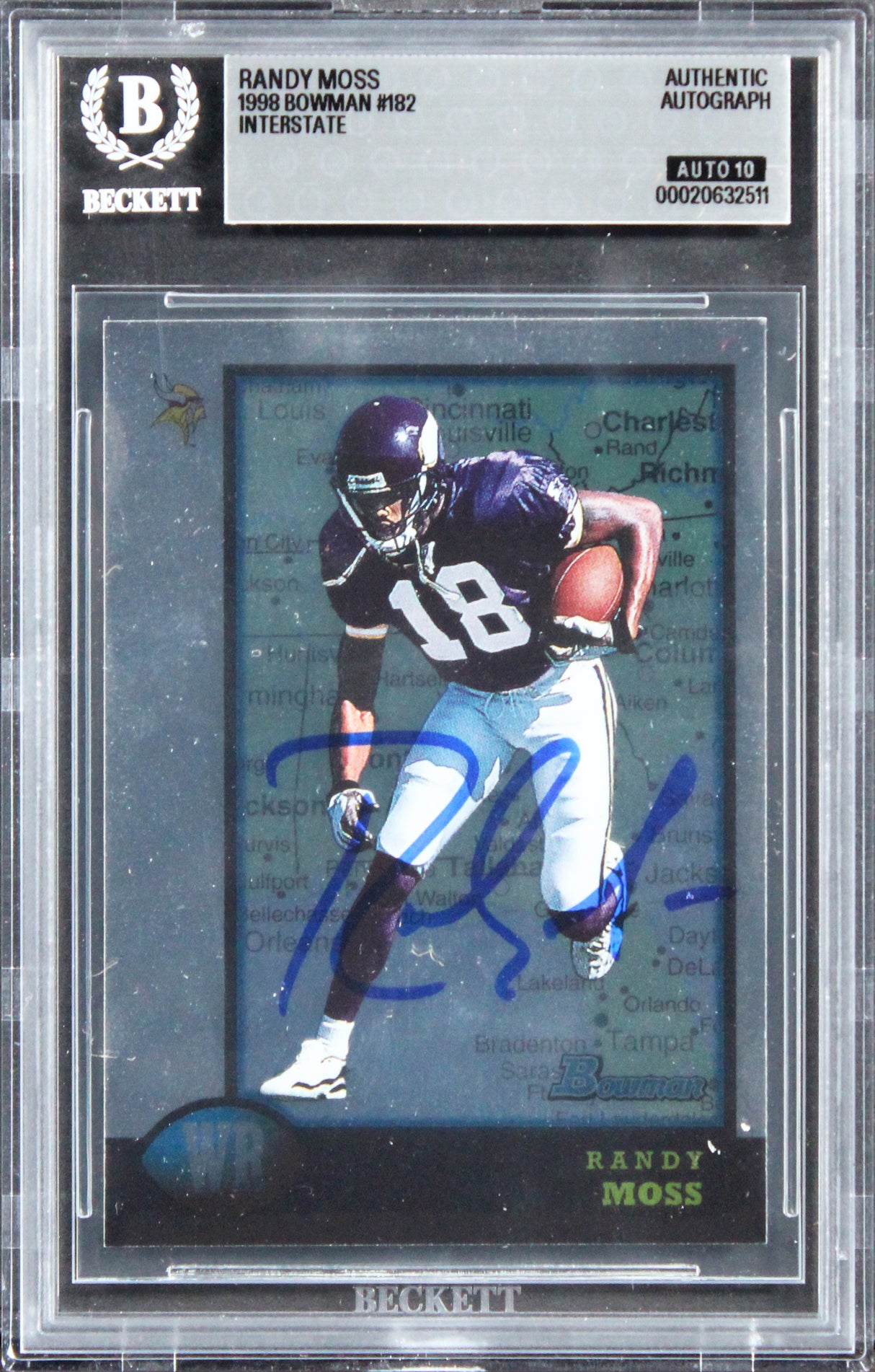Vikings Randy Moss Signed 1998 Bowman Interstate #182 RC Card Auto 10! BAS Slab