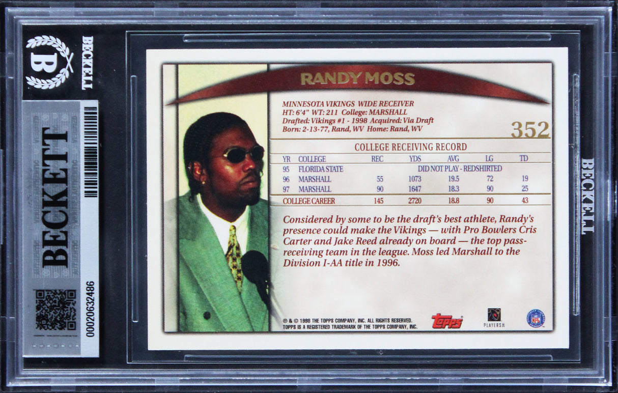 Vikings Randy Moss Signed 1998 Topps #352 Rookie Card Auto Grade 10! BAS Slabbed