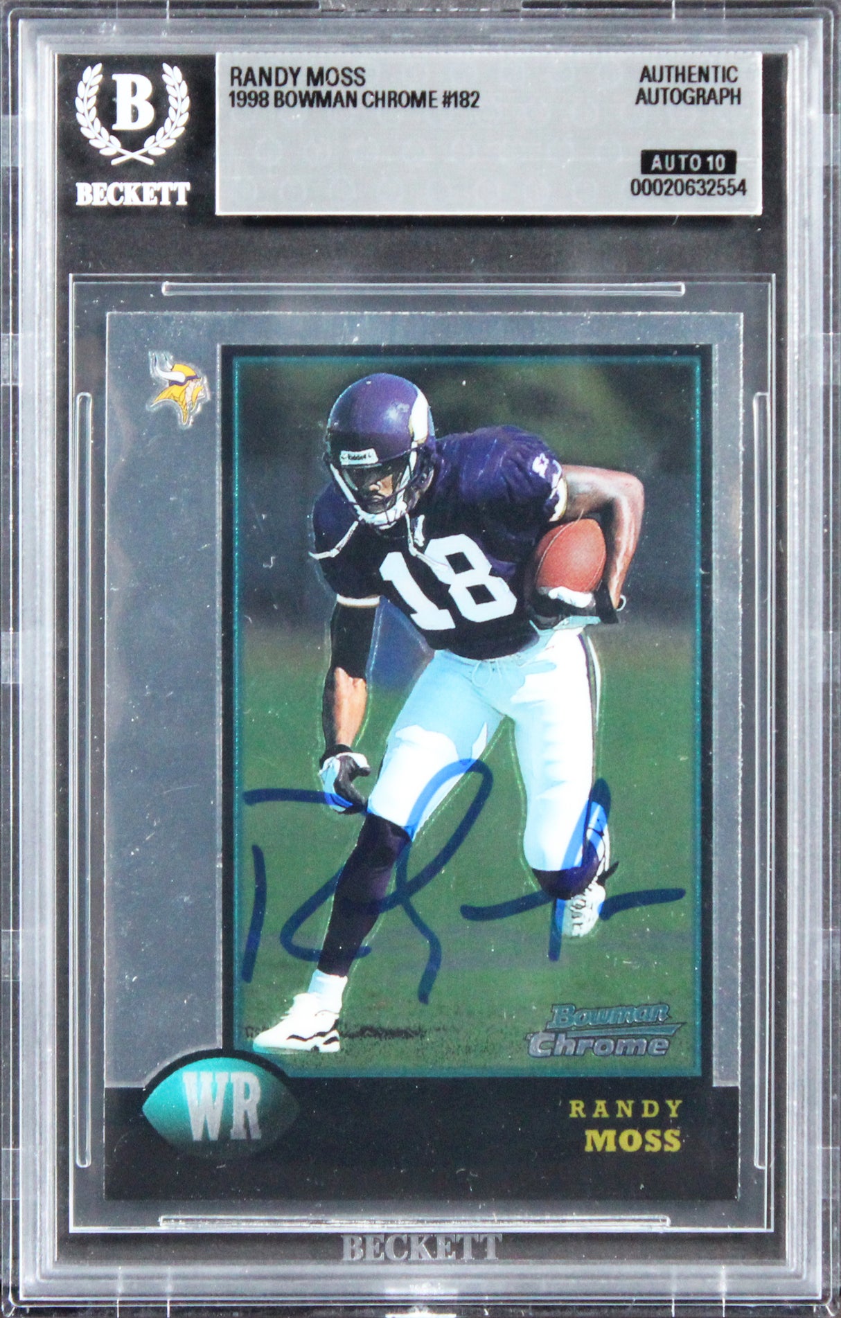 Vikings Randy Moss Signed 1998 Bowman Chrome #182 Rookie Card Auto 10! BAS Slab