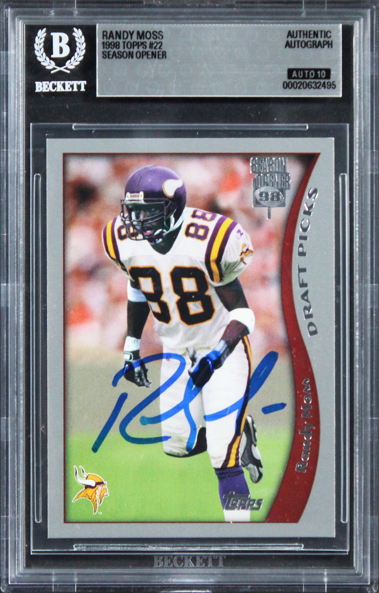 Vikings Randy Moss Signed 1998 Topps Season Opener #22 RC Card Auto 10! BAS Slab