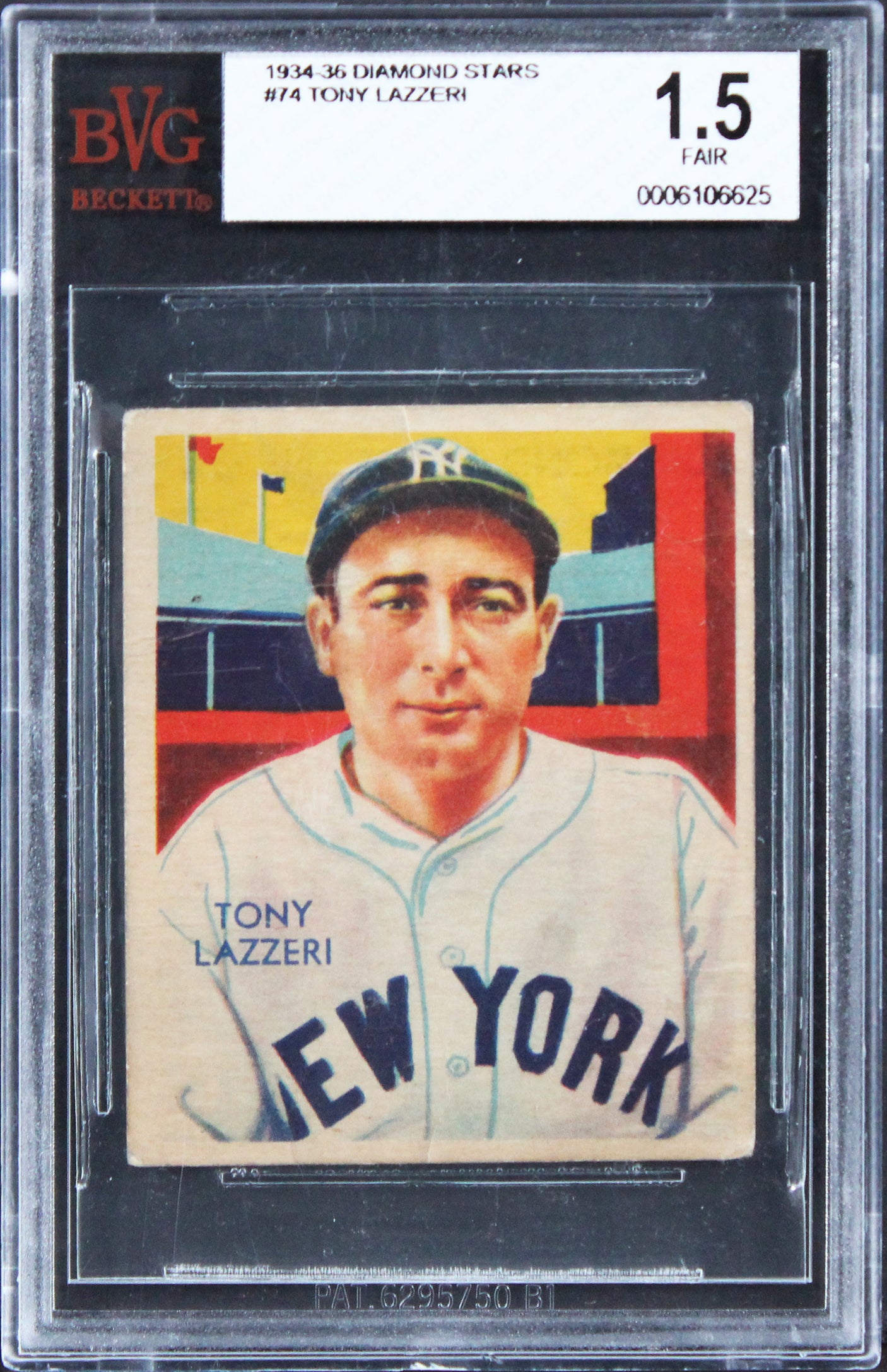Yankees Tony Lazzeri 1934 Diamond Stars #74 Card Graded FR-1.5 BGS Slabbed