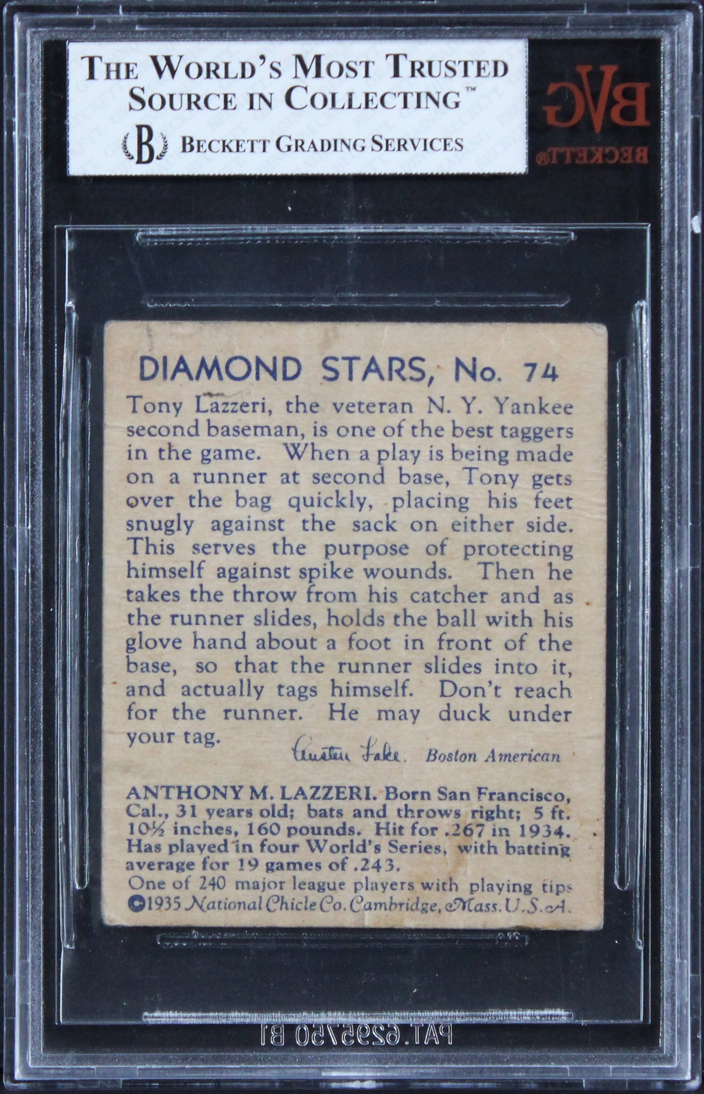 Yankees Tony Lazzeri 1934 Diamond Stars #74 Card Graded FR-1.5 BGS Slabbed