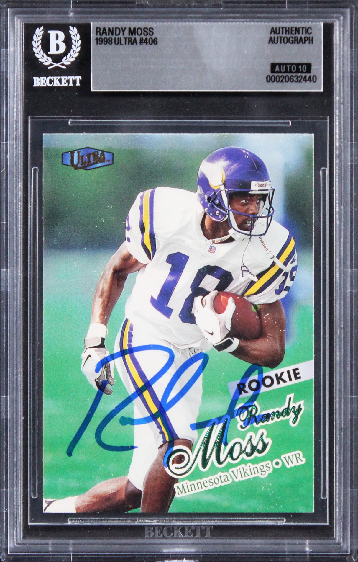 Vikings Randy Moss Signed 1998 Ultra #406 Rookie Card Auto Grade 10! BAS Slabbed