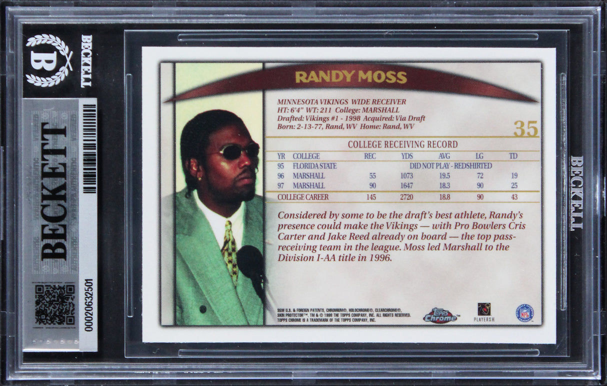 Vikings Randy Moss Signed 1998 Topps Chrome #35 Rookie Card Auto 10! BAS Slabbed
