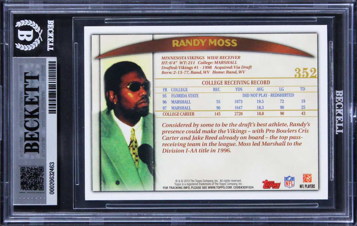 Vikings Randy Moss Signed 2010 Topps Anniversary #15 Card Auto 10! BAS Slabbed