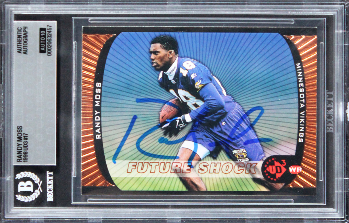 Vikings Randy Moss Signed 1998 UD3 #17 Rookie Card Auto Grade 10! BAS Slabbed