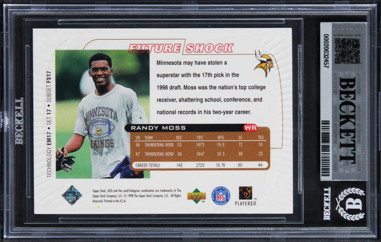 Vikings Randy Moss Signed 1998 UD3 #17 Rookie Card Auto Grade 10! BAS Slabbed