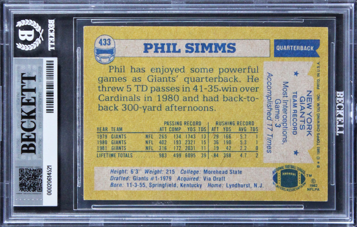 Giants Phil Simms Authentic Signed 1982 Topps #433 Card Autographed BAS Slabbed