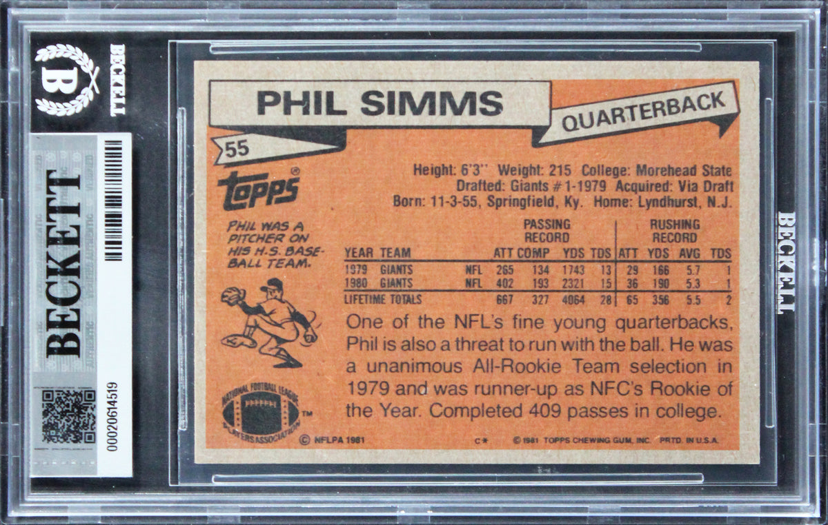 Giants Phil Simms Authentic Signed 1981 Topps #55 Card Autographed BAS Slabbed