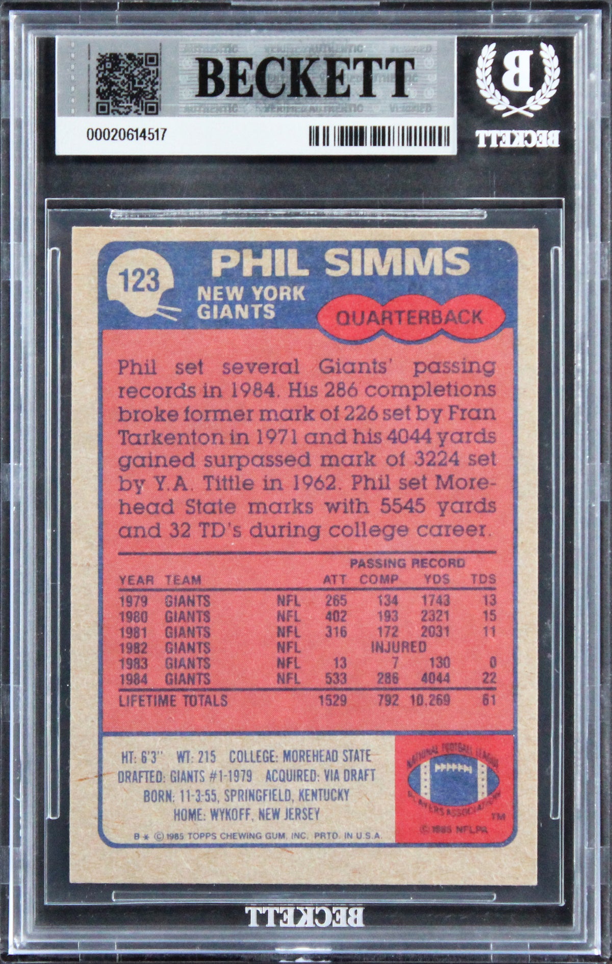 Giants Phil Simms Authentic Signed 1985 Topps #123 Card Autographed BAS Slabbed