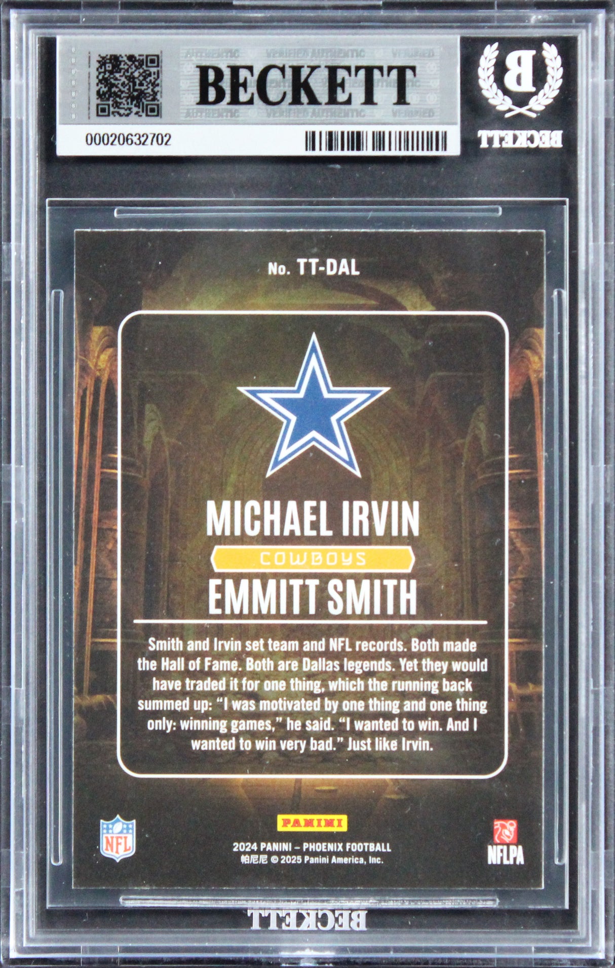Cowboys Smith & Irvin Signed 2024 Panini Phoenix Lazer #2 Card Auto 10! BAS Slab