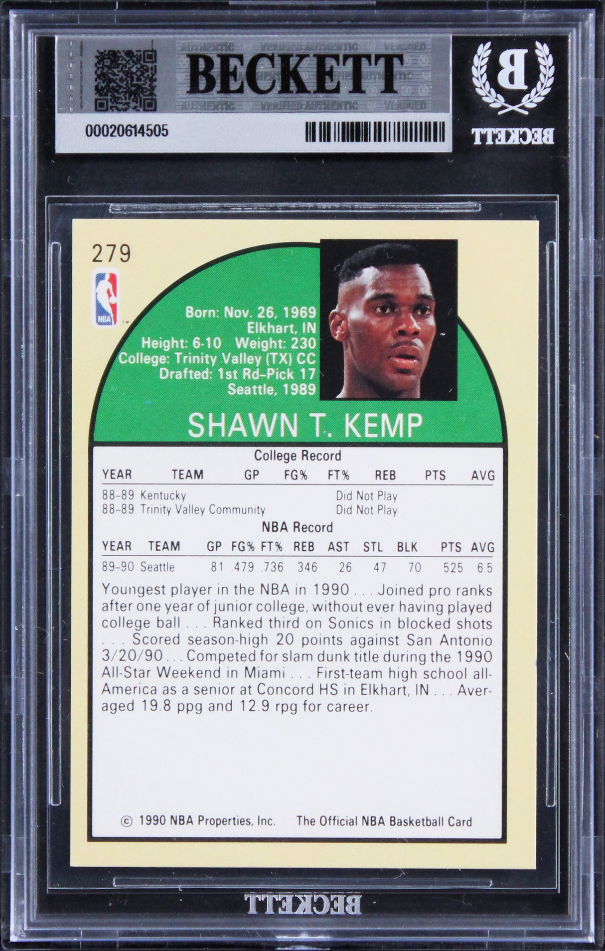 Sonics Shawn Kemp Authentic 1990 Hoops #279 Rookie Card Autographed BAS Slabbed