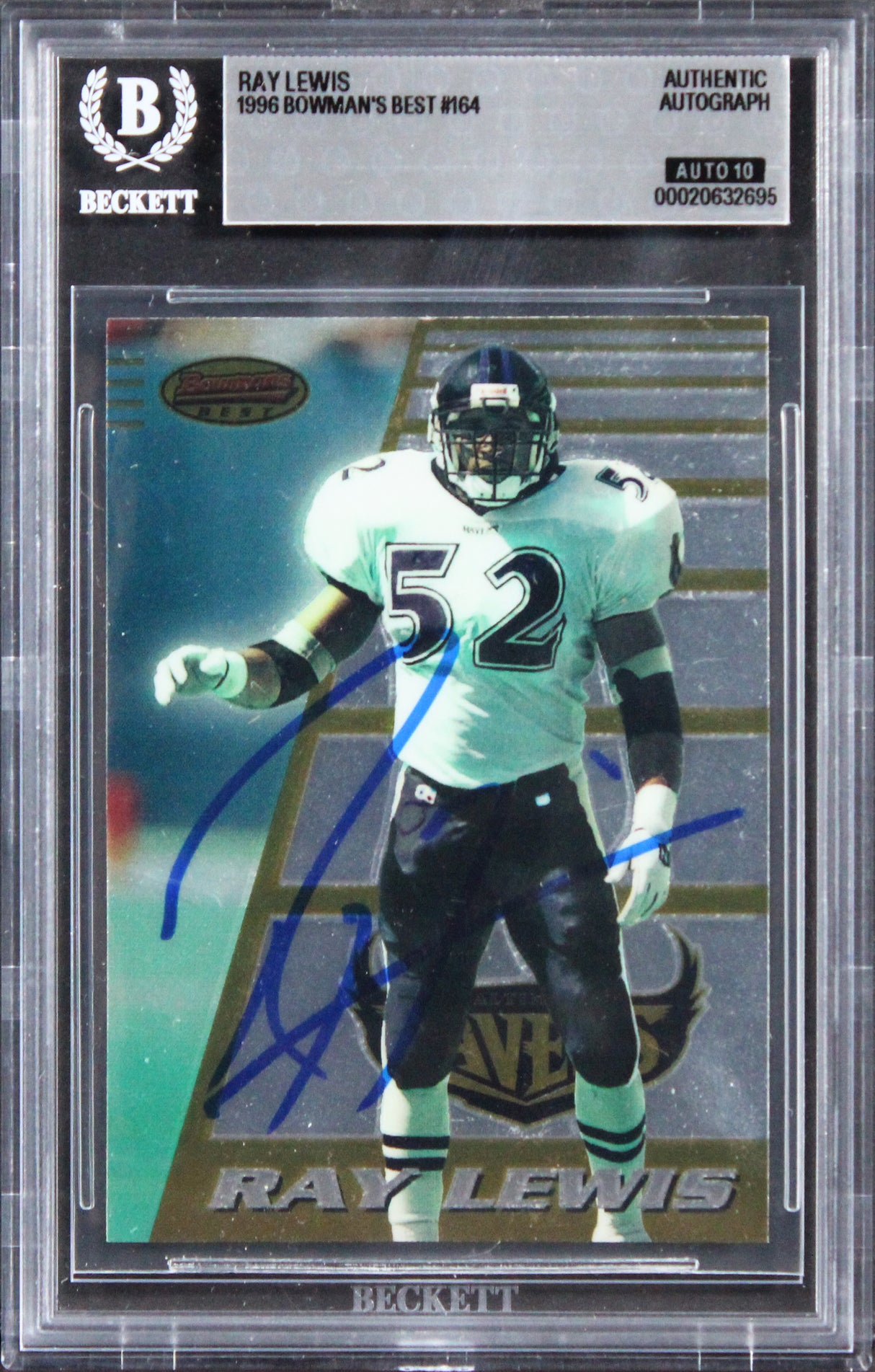 Ravens Ray Lewis Signed 1996 Bowman's Best #164 Rookie Card Auto 10! BAS Slabbed