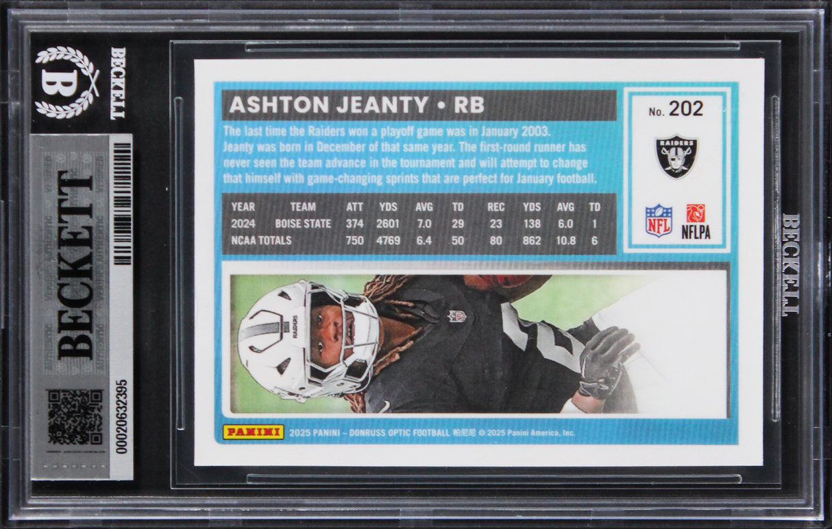 Raiders Ashton Jeanty Signed 2025 Donruss Optic #202 RC Card Auto 10! BAS Slab