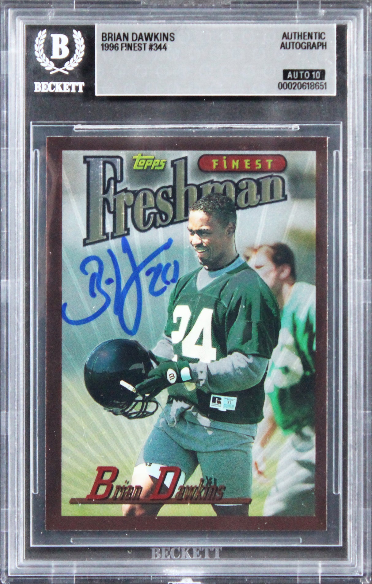 Eagles Brian Dawkins Signed 1996 Finest #344 Rookie Card Auto 10! BAS Slabbed
